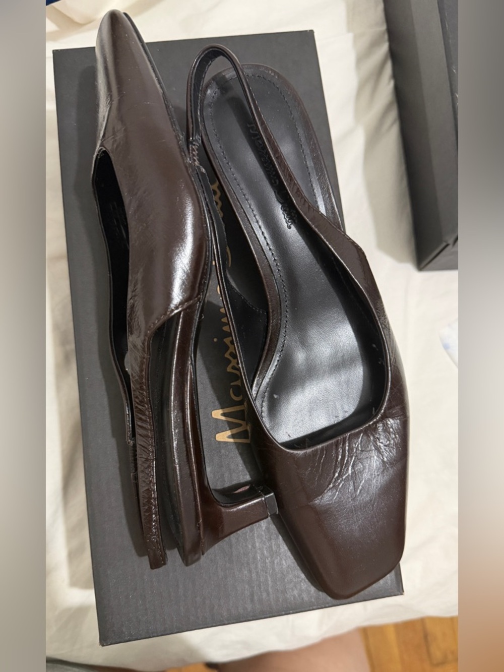 Massimo Dutti Dark Brown Square-Toe Slingback Mules